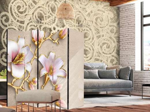 Screen - White flowers with golden leaves on a beige background, 7