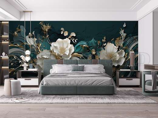 3D Photo Wallpaper- White flowers with golden elements on a dark green background