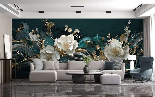 3D Photo Wallpaper- White flowers with golden elements on a dark green background