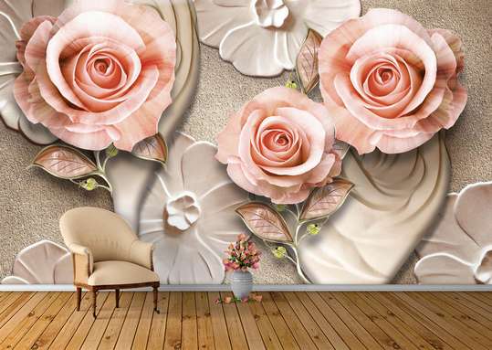 3Д Фотообои - Розы бежевые на серебряном фоне