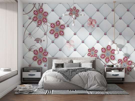 Wall mural - Pink flowers on light gray background