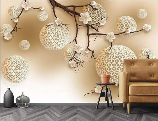 3D Wallpaper - Brown branch on the background of 3D balls
