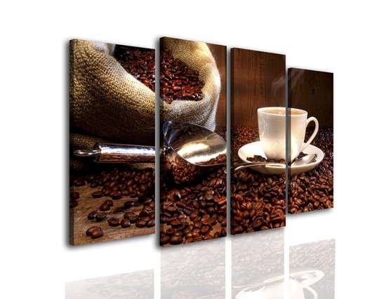 Модульная картина, Белая чашка кофе и кофейные зерна, 198 x 115