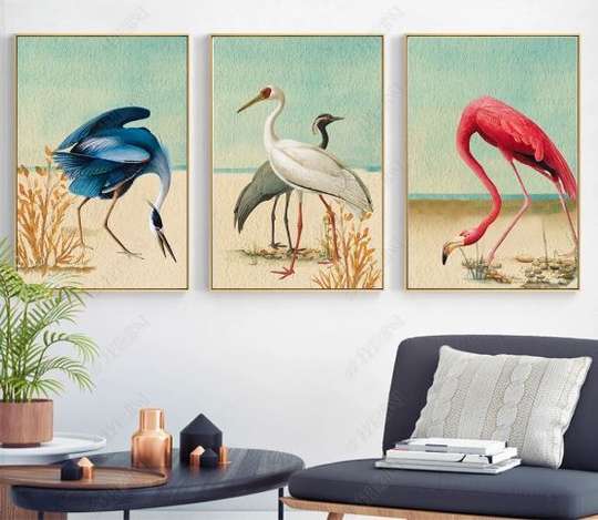Постер - Разноцветные птицы, 60 x 90 см, Постер на Стекле в раме, Наборы
