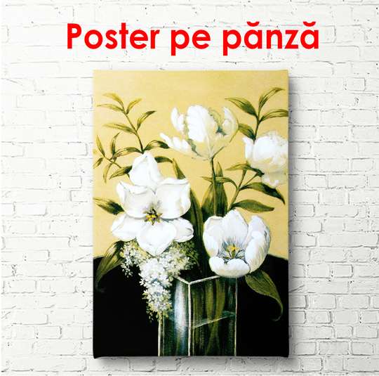 Постер - Букет из белых цветов в стеклянной вазе, 60 x 90 см, Постер в раме, Цветы