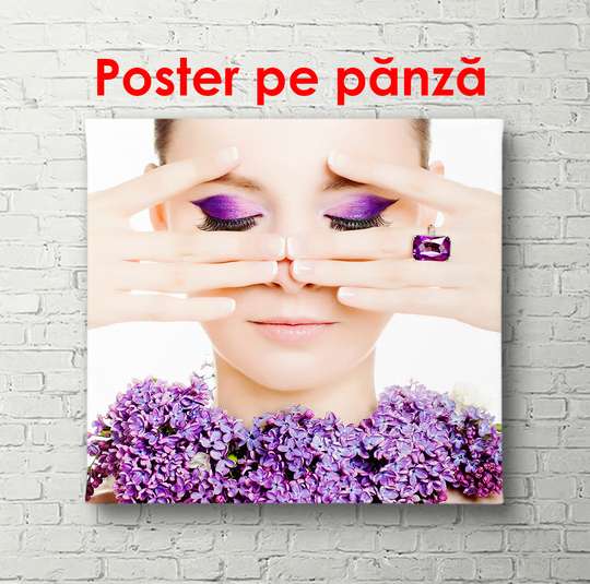Poster - Girl with bright purple makeup, 40 x 40 см, Canvas on frame