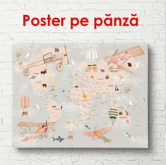 Постер - Детская карта мира с транспортом, 45 x 30 см, Холст на подрамнике