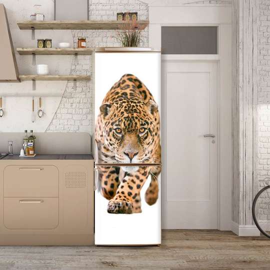 3Д наклейка на дверь, Леопард на белом фоне, 60 x 90cm
