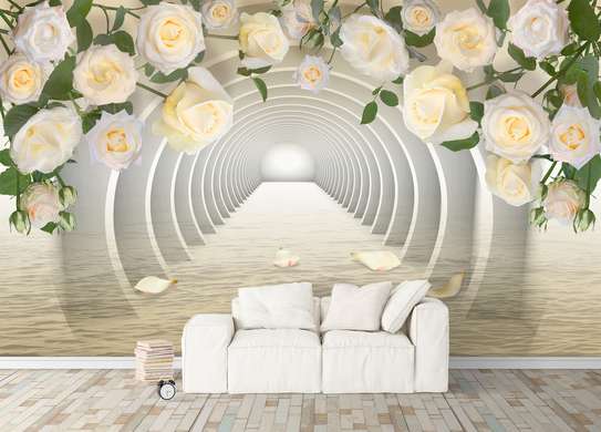 3D Wallpaper - 3D Tunnel and cream roses