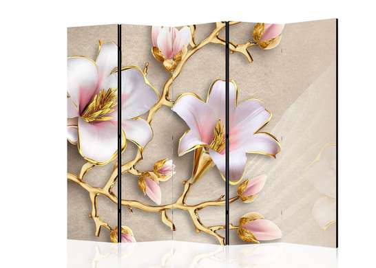 Screen - White flowers with golden leaves on a beige background, 7