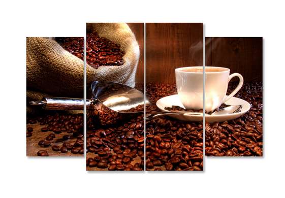 Tablou Pe Panza Multicanvas, Ceașca de cafea albă cu boabe de cafea, 198 x 115