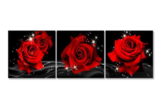 Tablou Pe Panza Multicanvas, Trei trandafiri roșii pe fundal negru, 225 x 75