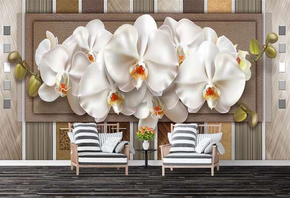 3D Wallpaper - Delicate orchids on the background of leather texture