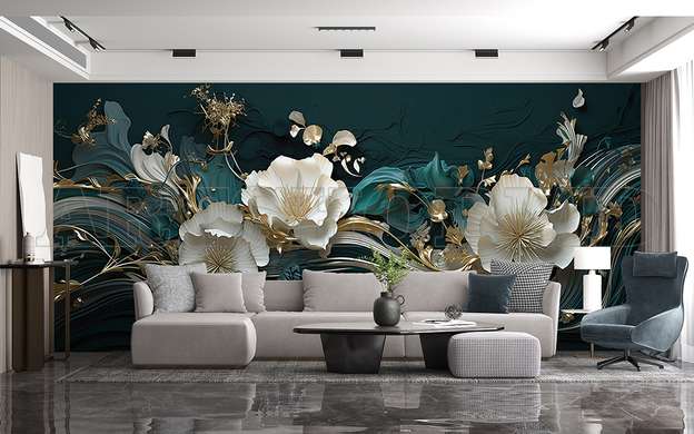 3D Photo Wallpaper- White flowers with golden elements on a dark green background