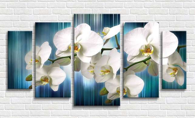 Tablou Pe Panza Multicanvas, Orhidee albă pe fundal albastru, 206 x 115
