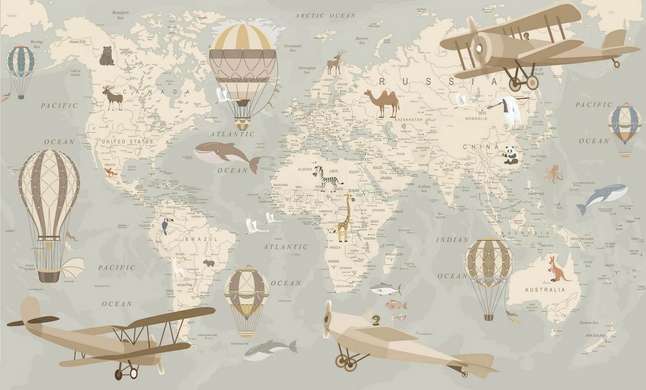 Poster - Harta lumii cu avioane, 90 x 60 см, Poster inramat pe sticla, Orașe și Hărți