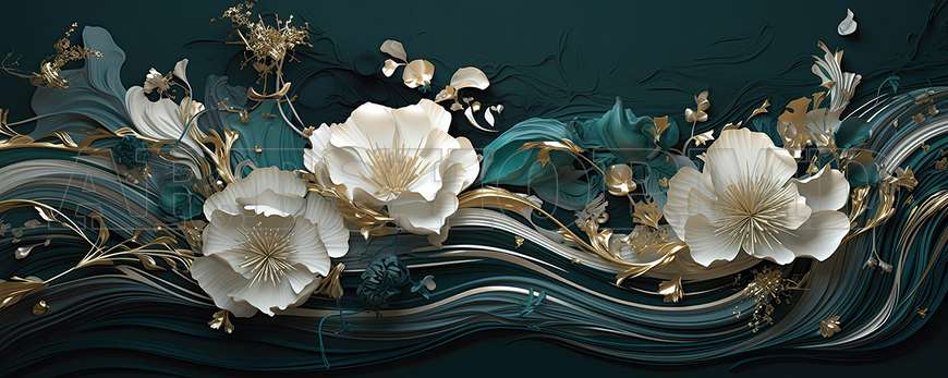 3D Photo Wallpaper- White flowers with golden elements on a dark green background