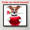 Poster - Câine cu trandafir și inimioară, 100 x 100 см, Poster înrămat