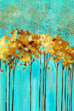 Poster - Golden trees on a blue background, 60 x 90 см, Framed poster on glass, Botanical