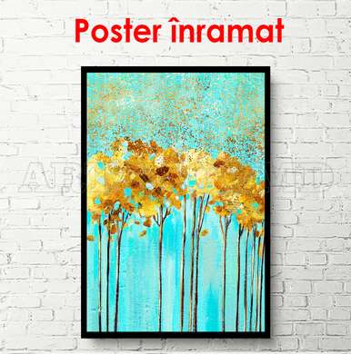 Poster - Golden trees on a blue background, 60 x 90 см, Framed poster on glass, Botanical