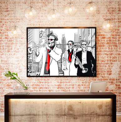Poster - Saxophonists in the city, 90 x 60 см, Framed poster on glass, Music