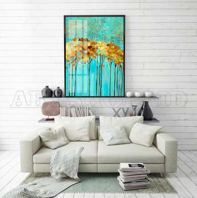 Poster - Golden trees on a blue background, 30 x 45 см, Canvas on frame, Botanical