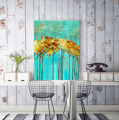 Poster - Golden trees on a blue background, 30 x 45 см, Canvas on frame, Botanical