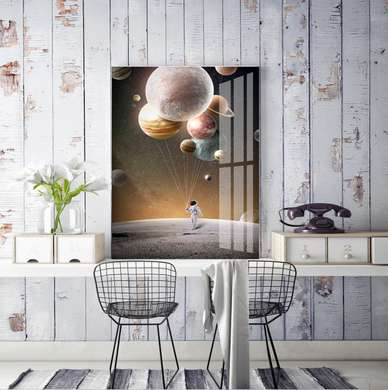 Постер - Космонавт с планетами, 60 x 90 см, Постер на Стекле в раме, Космос