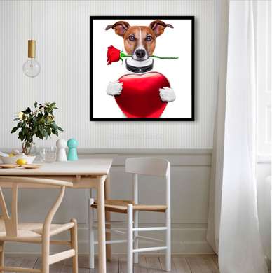 Poster - Câine cu trandafir și inimioară, 100 x 100 см, Poster inramat pe sticla, Minimalism