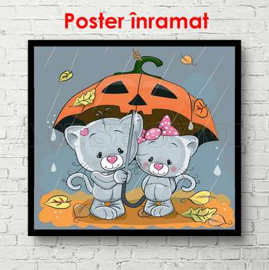 Poster - Pisici drăguțe pe stradă în ploaie, 100 x 100 см, Poster inramat pe sticla, Pentru Copii