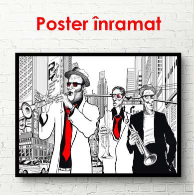 Постер - Саксофонисты в городе, 90 x 60 см, Постер на Стекле в раме, Музыка