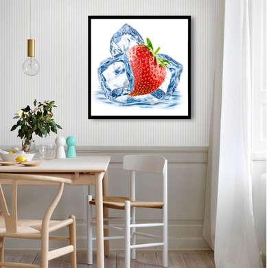 Poster - Căpșuni și cuburi de gheață pe un fundal alb, 100 x 100 см, Poster înrămat, Alimente și Băuturi