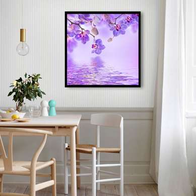 Poster - Orhidee violet cu fluturi pe un fundal violet, 100 x 100 см, Poster înrămat, Flori