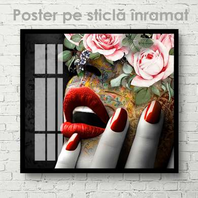 Постер - Соблазнительные губы, 100 x 100 см, Постер на Стекле в раме, Гламур