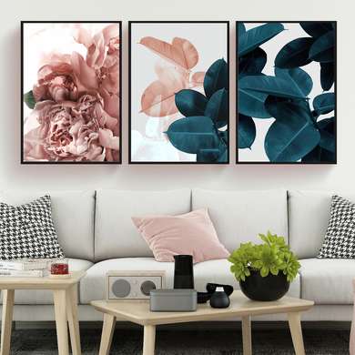 Poster - Pink peony and green leaves, 30 x 45 см, Canvas on frame, Sets