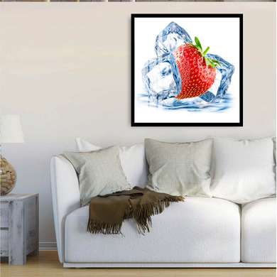 Poster - Căpșuni și cuburi de gheață pe un fundal alb, 100 x 100 см, Poster înrămat, Alimente și Băuturi