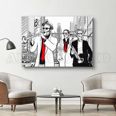 Poster - Saxophonists in the city, 90 x 60 см, Framed poster, Music