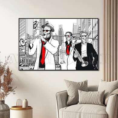 Poster - Saxophonists in the city, 90 x 60 см, Framed poster, Music