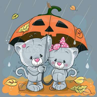 Poster - Pisici drăguțe pe stradă în ploaie, 100 x 100 см, Poster înrămat, Pentru Copii
