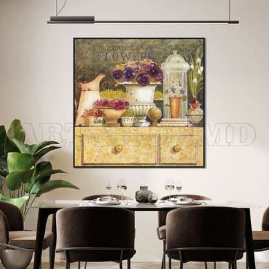 Poster - Beautiful still life with purple flowers in a vase, 100 x 100 см, Framed poster on glass, Provence