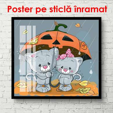 Постер - Милые котики на улице под дождём, 100 x 100 см, Постер в раме, Для Детей