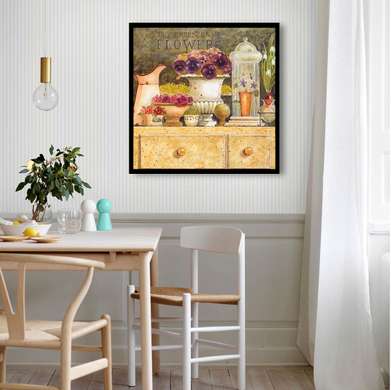 Постер - Красивый натюрморт с фиолетовыми цветами в вазе, 100 x 100 см, Постер в раме, Прованс
