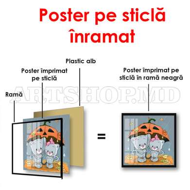 Poster - Pisici drăguțe pe stradă în ploaie, 100 x 100 см, Poster inramat pe sticla, Pentru Copii