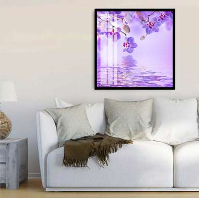 Poster - Orhidee violet cu fluturi pe un fundal violet, 100 x 100 см, Poster înrămat, Flori