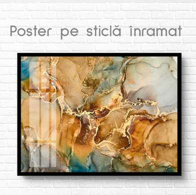 Постер - Золотой абстрактный флюид, 90 x 60 см, Постер на Стекле в раме, Флюид Арт