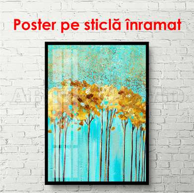 Poster - Golden trees on a blue background, 60 x 90 см, Framed poster on glass, Botanical