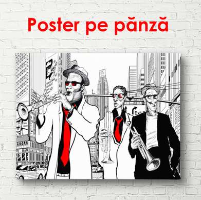 Poster - Saxofoniștii într-un oraș, 90 x 60 см, Poster inramat pe sticla