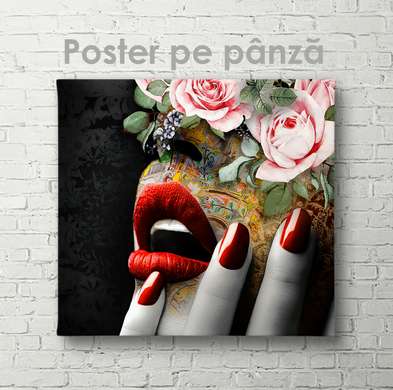 Poster - Buze seducătoare, 100 x 100 см, Poster inramat pe sticla