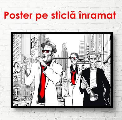 Poster - Saxofoniștii într-un oraș, 90 x 60 см, Poster inramat pe sticla