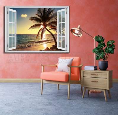 Наклейка на стену - 3D-окно с видом на пляж со скалами, Имитация окна, 70 х 50